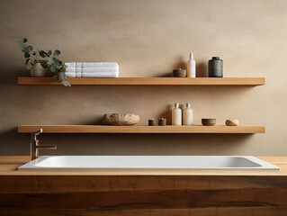 Modern design of bathroom interior, beige tones and wooden materials
