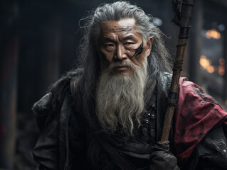 elder Japanese warrior, battle scars visible, clutching a tattered battle flag, set in a ruined temple