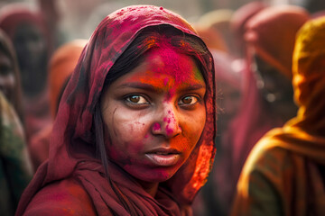 young woman close up at Holi festival in India