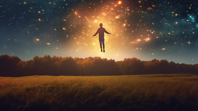 Human spirit flying over the field, surrounded by sparkling golden light. Mystical experience, life after death, afterlife, astral projection, and out of body experience concepts.