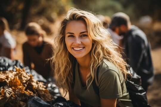 A diverse group of young people and volunteers are removing garbage and plastic from the road for recycling