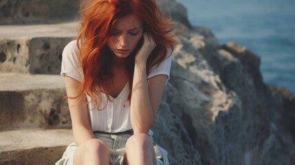 Emotionally drained young woman with red hair sitting on beach steps near rocky cliff overlooking the ocean, broken spirit, feeling depressed, sadness in lonely solitude, broken heart.