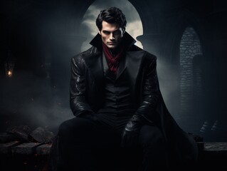 Handsome scary male vampire with fangs, in black fancy suit, sitting in darkness throne on castle background, with copy space, Halloween event poster and background idea. - obrazy, fototapety, plakaty