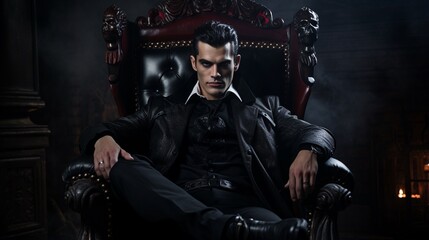 Fototapeta na wymiar Handsome scary male vampire with fangs, in black fancy suit, sitting in darkness throne on castle background, with copy space, Halloween event poster and background idea.