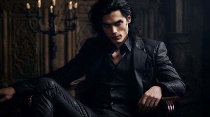 Handsome scary male vampire with fangs, in black fancy suit, sitting in darkness throne on castle background, with copy space, Halloween event poster and background idea.