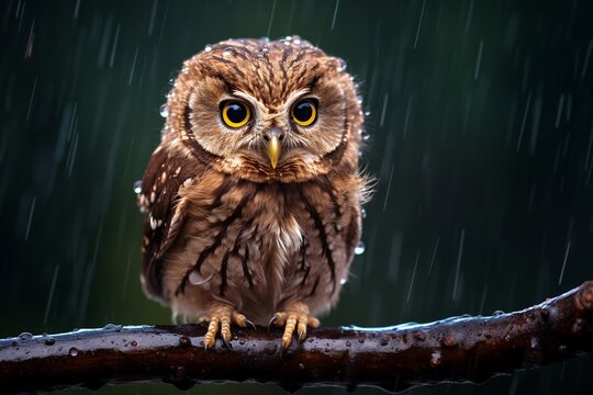 Tiny owl on branch in rain, with copy space.