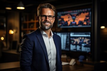 Fototapeta premium Male Monitoring Specialist Holding Laptop Computer And Standing Next To Big Digital Screen With Graphs And Charts