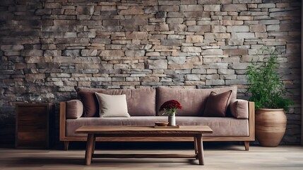 Rustic Home Interior Mockup: Handcrafted Coffee Table and Sofa Against Stone Cladding Wall - Modern Living Room in Country House