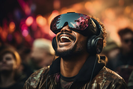 A man wearing virtual reality glasses at a concert festival
