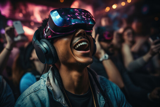 A man wearing virtual reality glasses at a concert festival