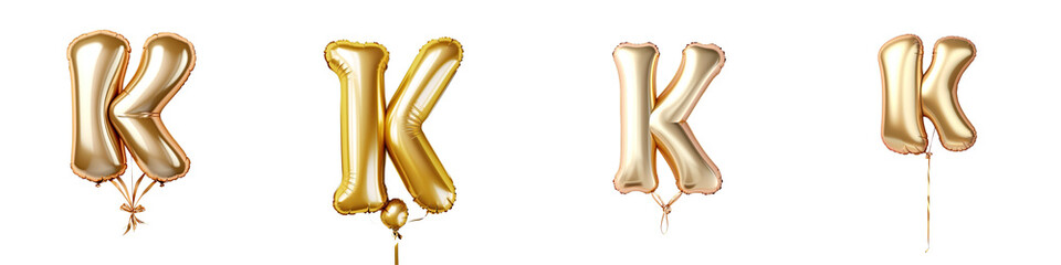 Fototapeta premium Png Set 3D illustration of a golden foil balloon shaped like the letter K isolated on a transparent background