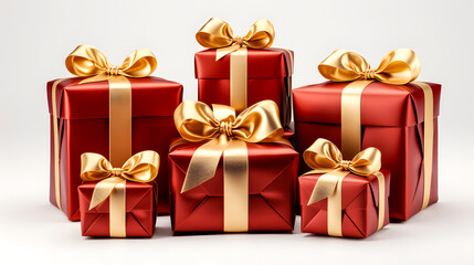 red gifts with golden bow on light background (Generative AI)