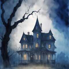 Halloween horror house ghost night background with pumpkin and bat