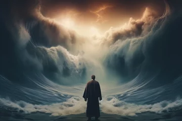 Poster Religious biblical concept, the story of Moses parting the sea, flight from Pharaoh, the Jews, belief in God and Jesus Christ , the liberation of the Jews from Egyptian captivity, the miracle . © Ruslan Batiuk
