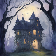 Happy Halloween banner or party horror hoise background with fog clouds and pumpkins ghost
