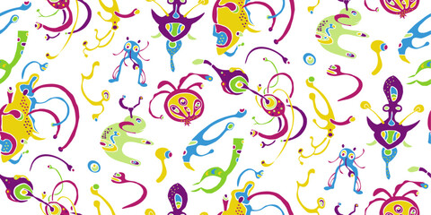 Fototapeta na wymiar Seamless pattern with funny monsters, cartoon sea fantasy elements or botanical fairy shapes. Psychedelic animals and flowers.