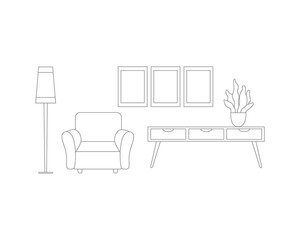 Furniture composition in vector graphics, an armchair, a lamp, a table like a sketch. The home interior of the living room in black and white is isolated on white.