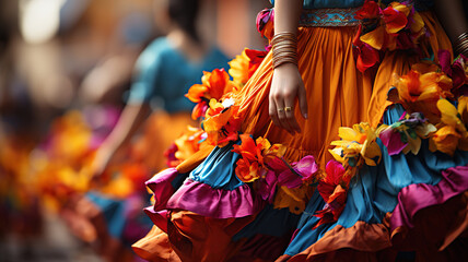 Beautiful Latin Woman Dancer at Carnival, Bright Colorful Dress traditional regional costume....