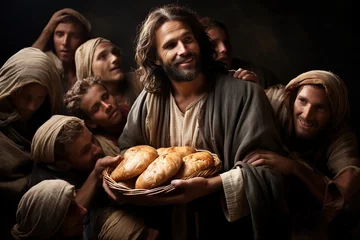 Deurstickers Jesus Christ fed bread to the poor , bible religion, gospels, ancient scriptures history, Jesus hands giving bread to poor , biblical story to feed hungry, charity. © Ruslan Batiuk