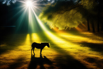 Horse standing in a heavenly sunny forest field, Generative AI
