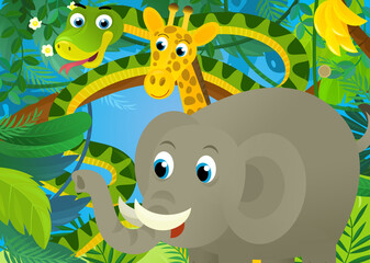 cartoon scene with jungle animals being together snake elephant and other illustration for children