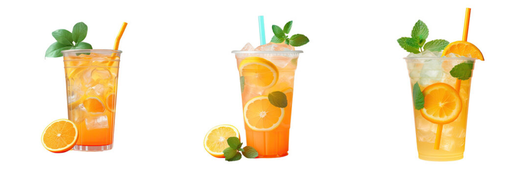 Png Set Chilled drink with orange lemon mint and sparkling water in plastic glass on a transparent background