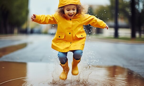Cute and playful female child jumping in a puddle of water 