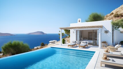 Mediterranean Villa with Pool on Hill - Traditional White House with Stunning Sea View, Ideal Summer Vacation Background