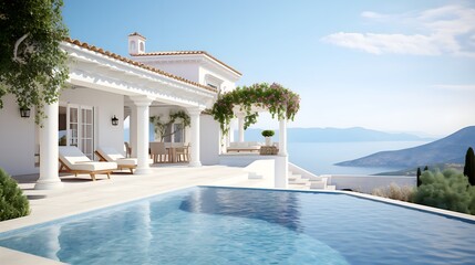 Fototapeta premium Mediterranean Villa with Pool on Hill - Traditional White House with Stunning Sea View, Ideal Summer Vacation Background