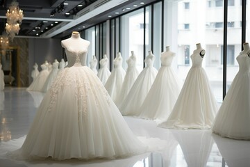 In a malls bridal showroom, mannequins display exquisite wedding bridal dresses