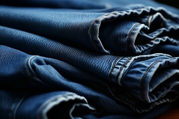 In depth focus on the textured intricacies of blue jeans fabric - obrazy, fototapety, plakaty