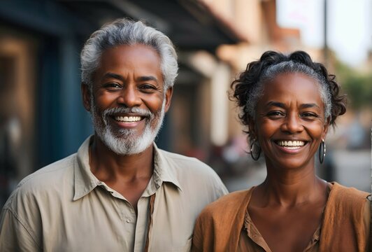 Portrait of happy mature black couple, older man and woman african smiling 