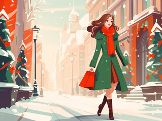 Woman buying presents for Christmas and walking on winter city street