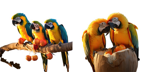 Png Set Parrots eating on coconut tree natural lighting focused view transparent background