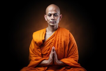 A photo of a bald Buddhist monk with an orange robe sitting in the lotus pose, isolated on white background. praying and meditating