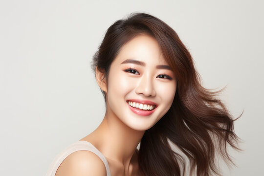 A closeup photo portrait of a beautiful young asian model woman laughing and smiling with clean teeth. used for a dental ad. isolated on white background