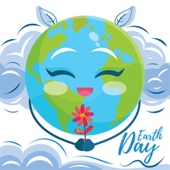 Fototapeta na wymiar Happy earth globe character with a flower Earth Day poster Vector