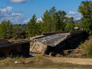 Fototapeta premium Bridge over river washed away by floods