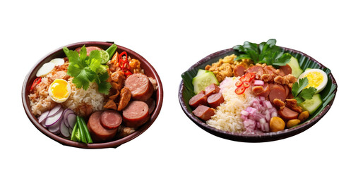 Png Set Popular Thai dish called Khao Kluk Kapi rice mixed with shrimp paste served with fried Chinese sausage omelette slices and traditional Thai vegetables transparent background - obrazy, fototapety, plakaty