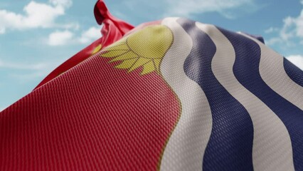 Wavy flag of Kiribati blowing in the wind in slow motion. Waving colorful Kiribati flag team symbol abstract vertical background. Blue sky with clouds. World countries flying flags concept