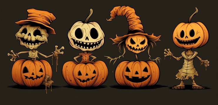 halloween set of the funny pumpkins Generative AI