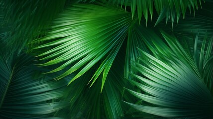 Nature background - lush green palm tree leaves close-up against a blue sky background