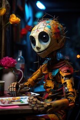 A skeleton sitting at a table with a plate of food. Fiction, made with AI. Halloween character.