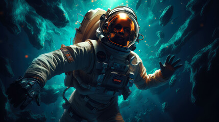 Fototapeta premium Cosmic Voyager: An Astronaut's Journey in the Vastness of Space as Depicted by Generative AI