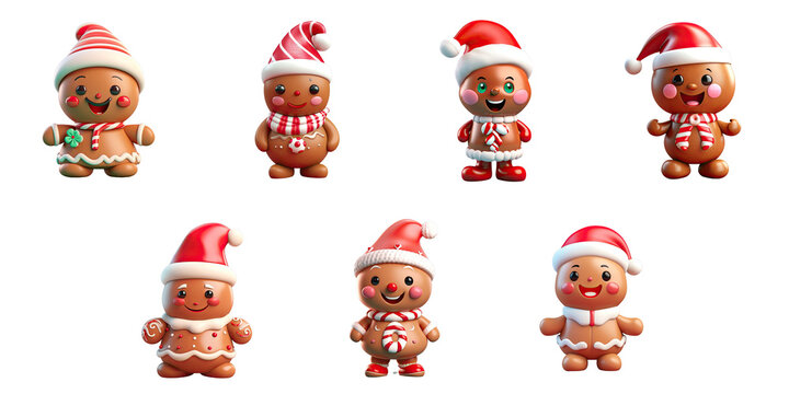 Png Set 3D character wearing a red Santa hat happy gingerbread amusing Christmas decoration sugary candy winter boy with frosting amusing addition on a transparent background