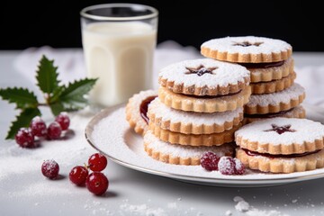 Obraz na płótnie Canvas A white plate topped with linzer cookies next to a glass of milk. Photorealistic AI.