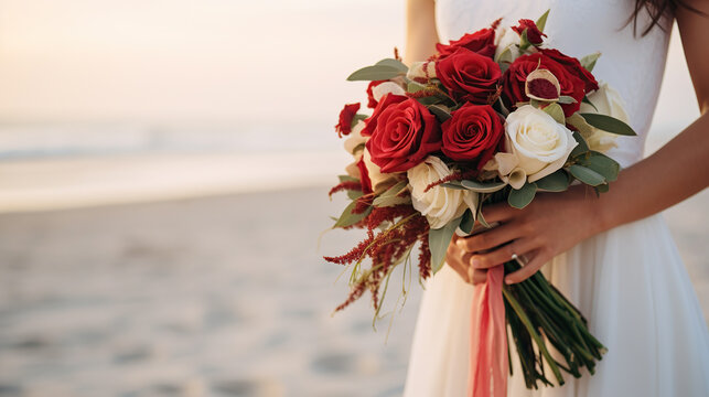 bride holding her wedding bouquet on the beach