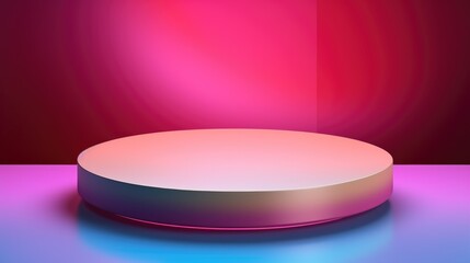 A white round object on a pink and blue background. Imaginary illustration. Product mockup.