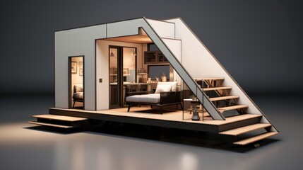 A tiny house with stairs leading up to it. Photorealistic AI. - obrazy, fototapety, plakaty