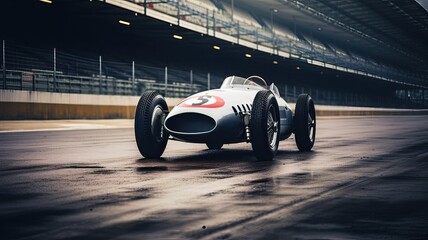1950 style race car, Racing Car Skids Down Wet Track in Thrilling Photo - obrazy, fototapety, plakaty